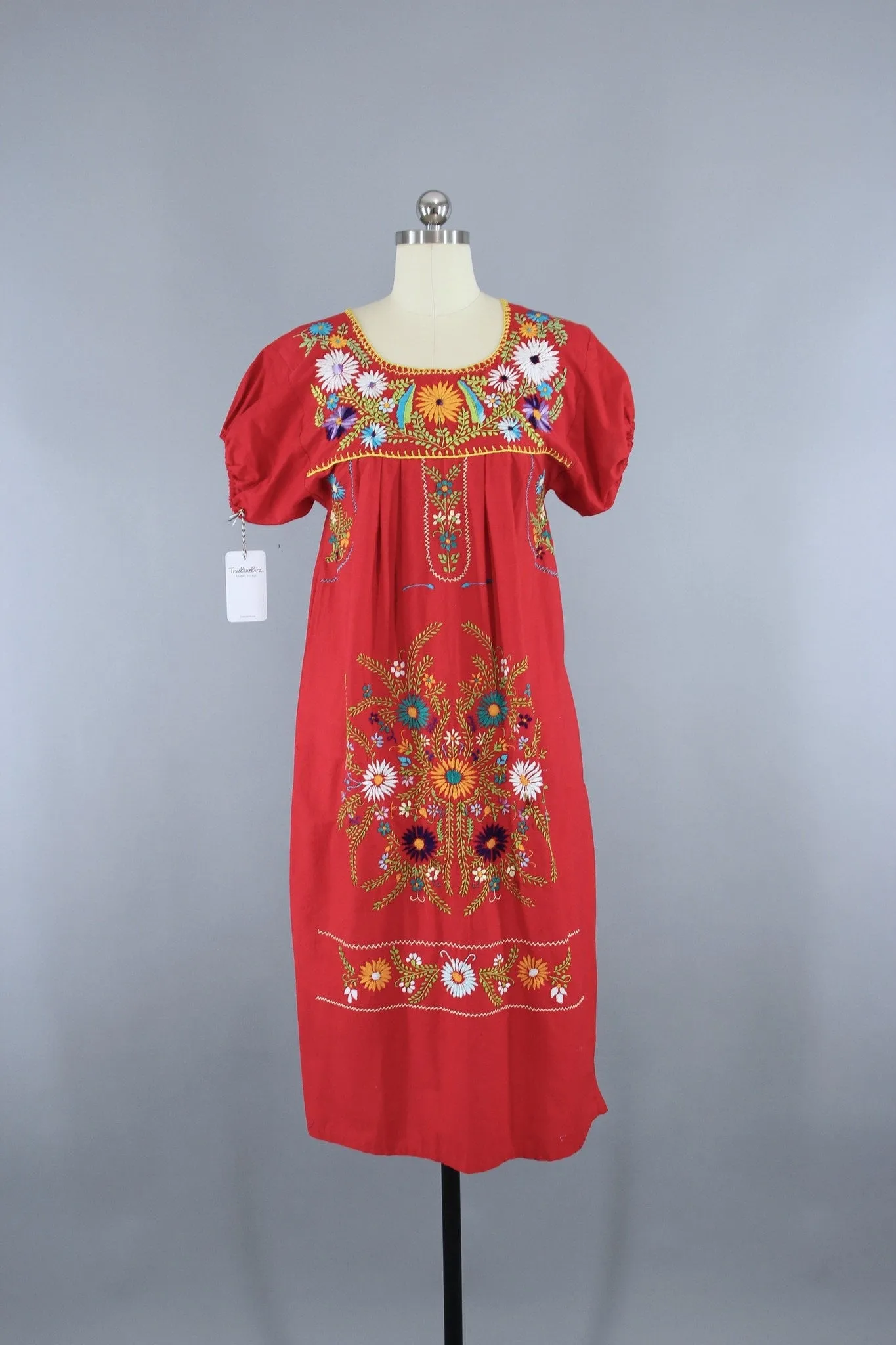 1970s Vintage Red Mexican Oaxacan Embroidered Huipil Caftan Dress