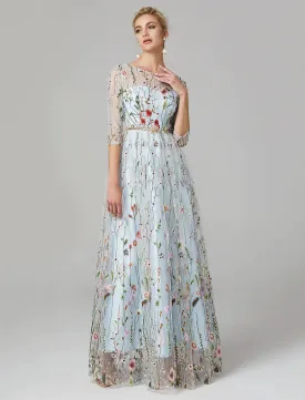 A-Line Evening Gown Elegant Dress Floor Length Sleeve  Lace with Embroidery