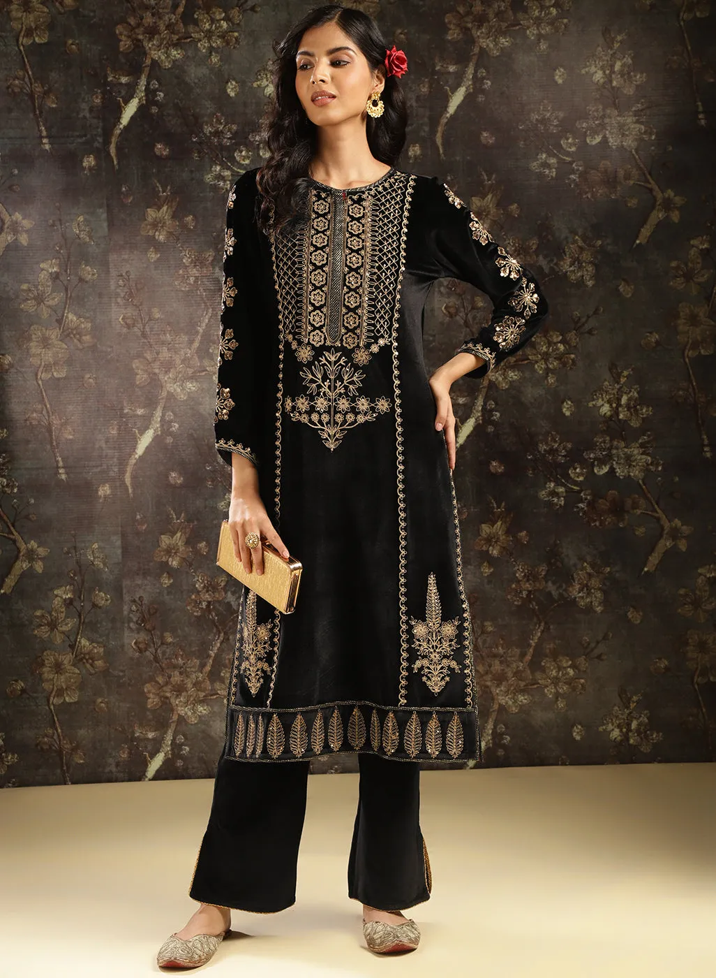 Black Heavily Embroidered Party-wear Velvet Kurta