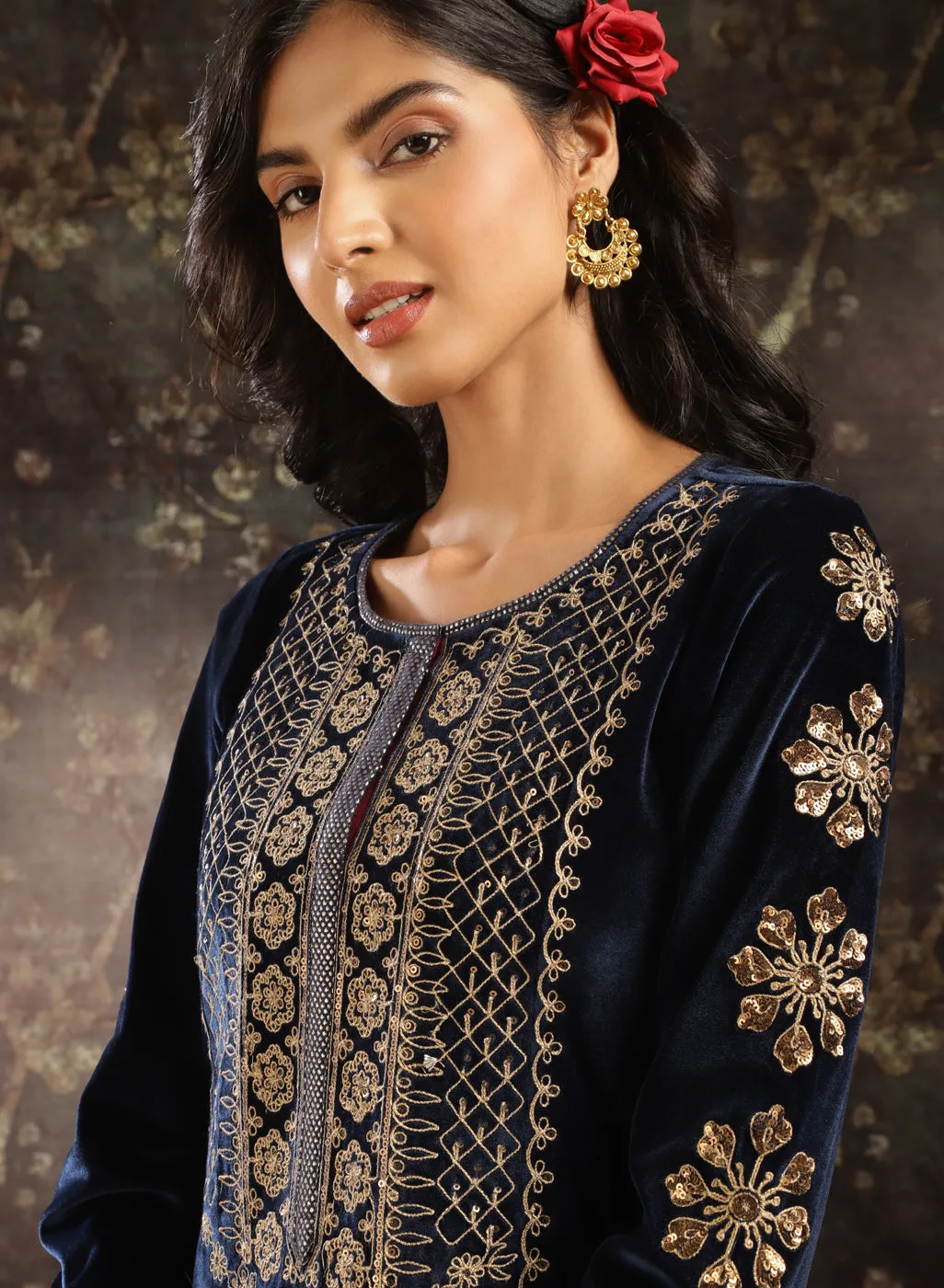 Blue Heavily Embroidered Party-wear Velvet Kurta