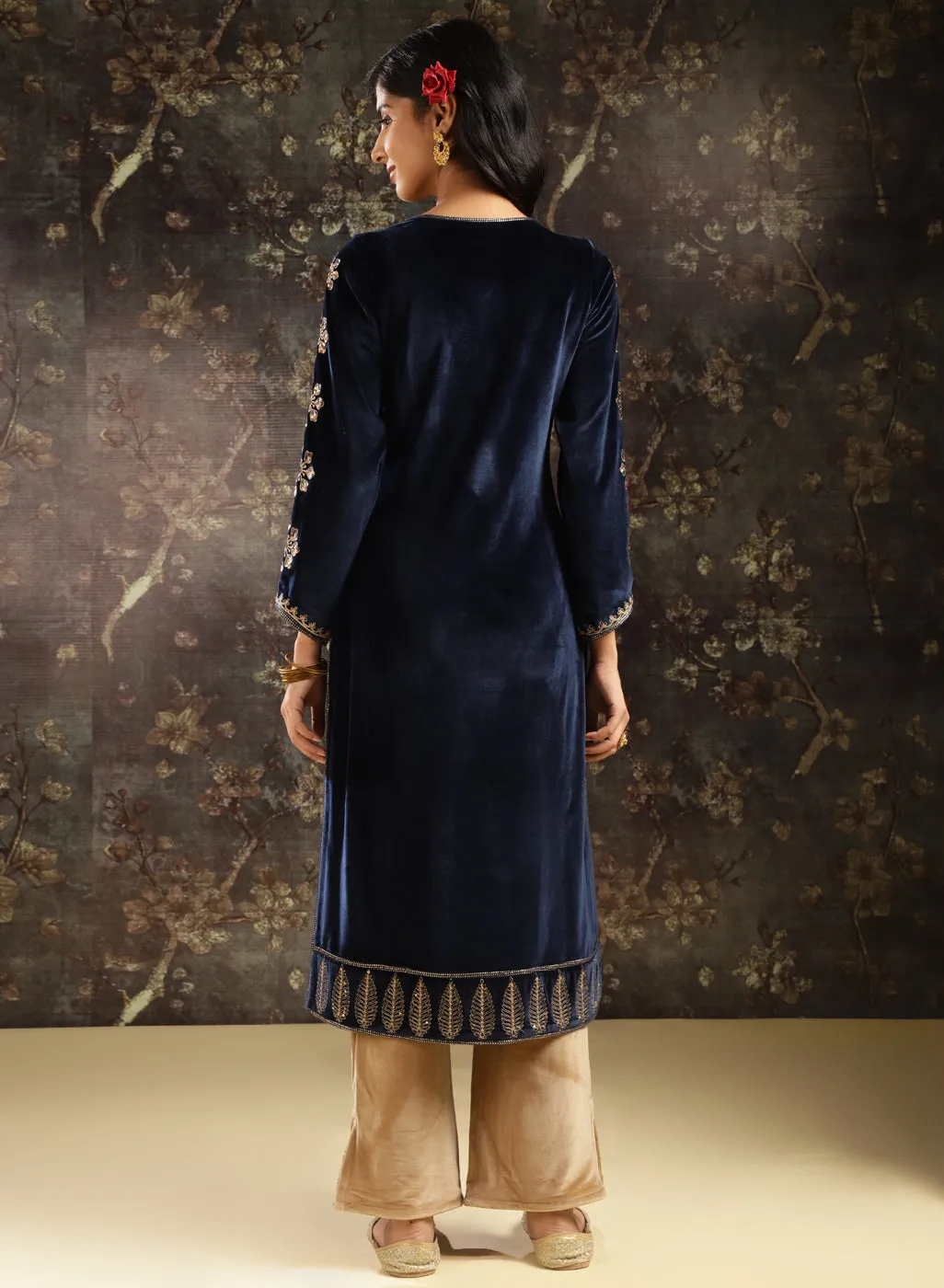 Blue Heavily Embroidered Party-wear Velvet Kurta