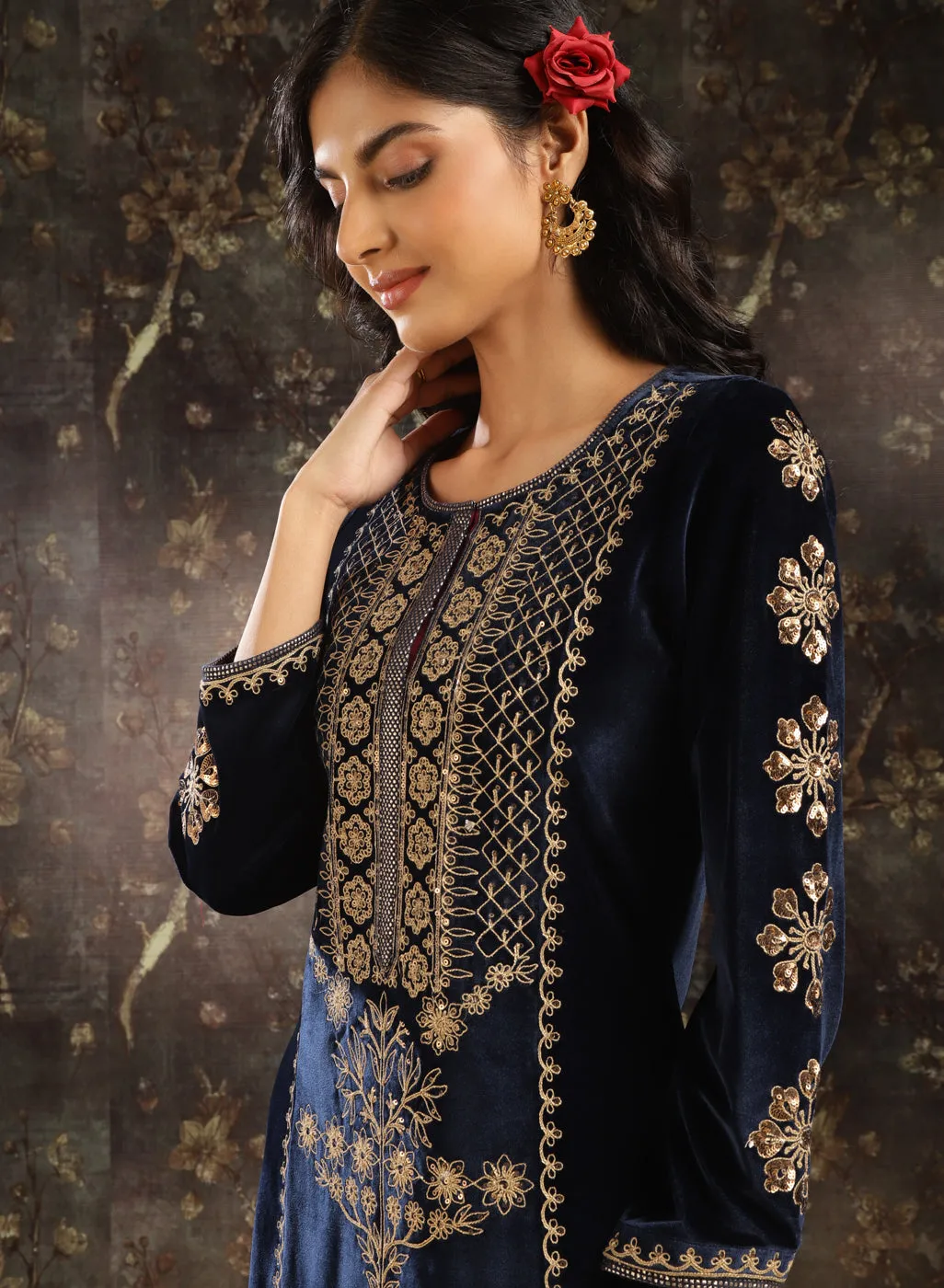 Blue Heavily Embroidered Party-wear Velvet Kurta