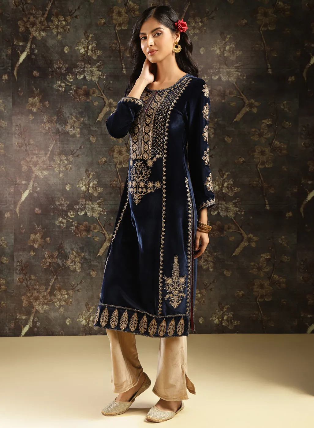 Blue Heavily Embroidered Party-wear Velvet Kurta