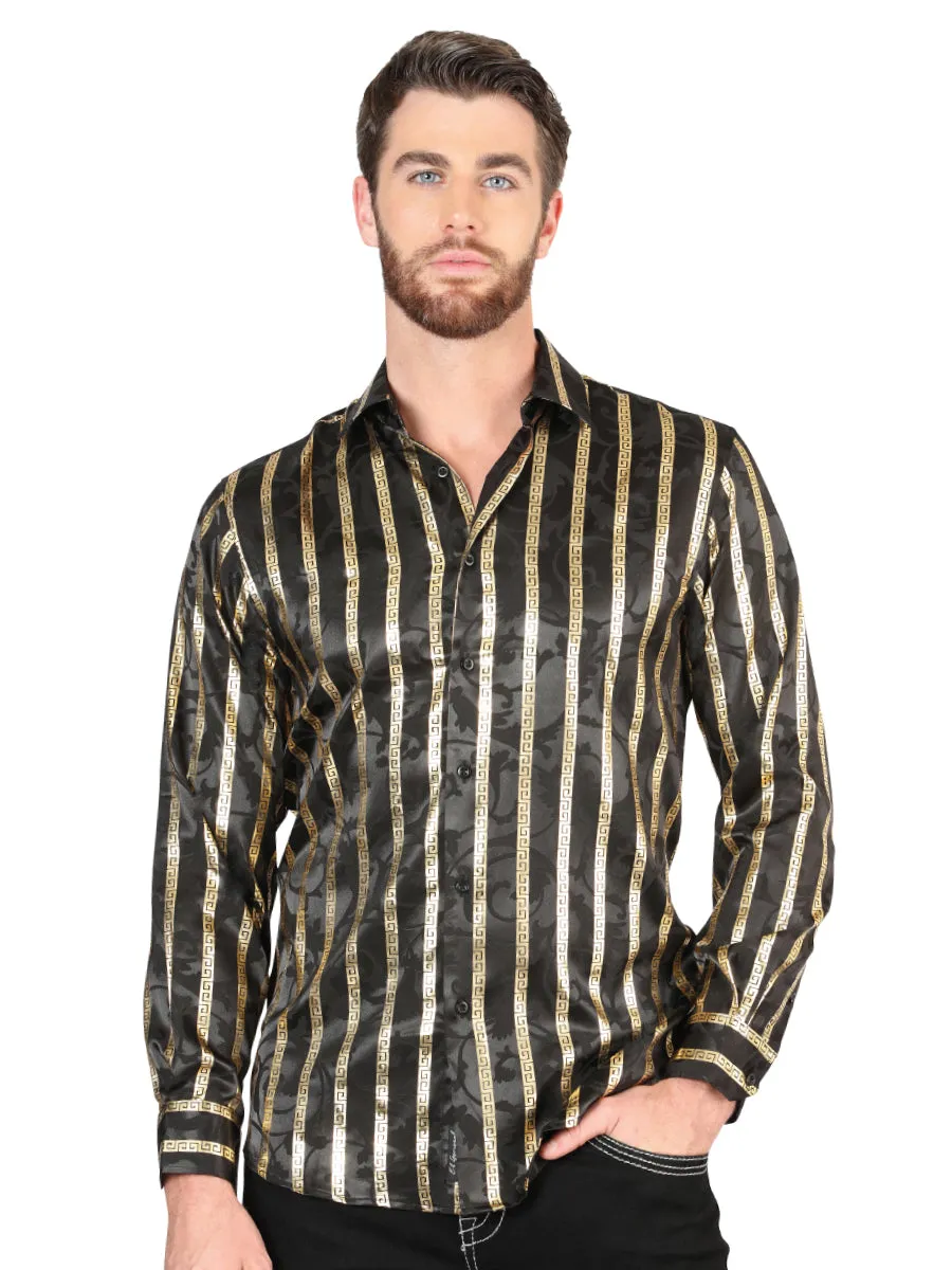 Camisa Casual Manga Larga Estampada Negro/Oro para Hombre 'El Señor de los Cielos' - ID: 44554