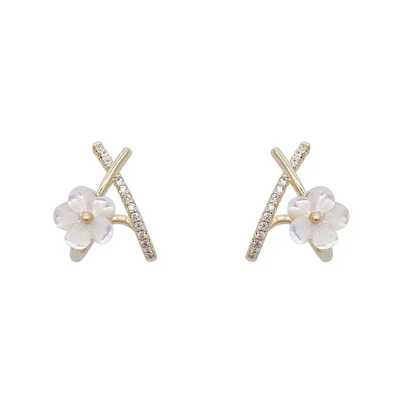 Cross Crystal Tulip Women Gold Simple Stylish Daily Wear Temperament Jewelry Earring