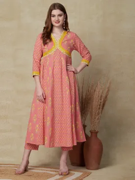 Ethnic Floral Printed Flared Anarkali Kurta with Pant - Pink