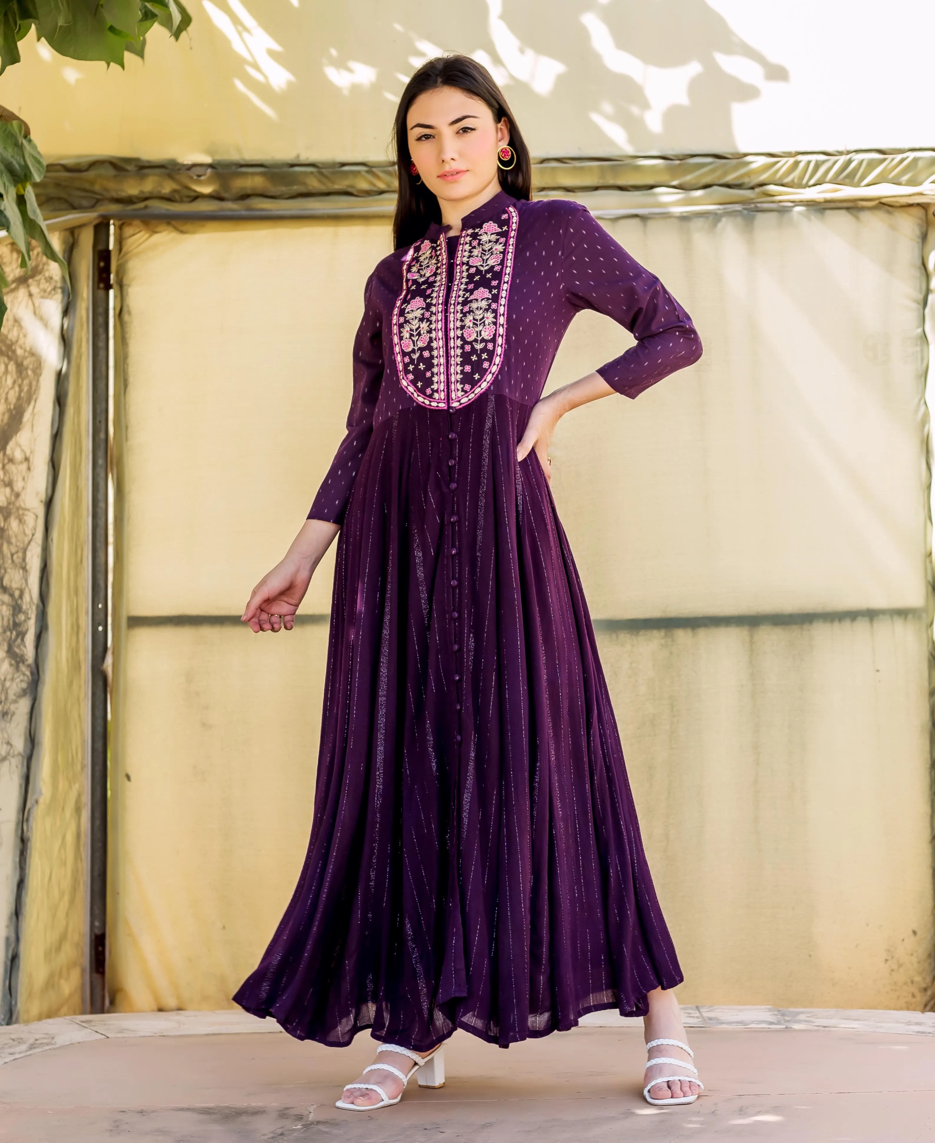 Farha Wine Lurex Embroidered Anarkali Dress