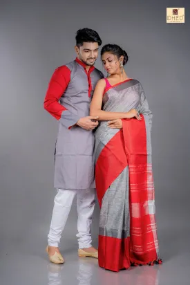 Grey-Red Linen Saree-Kurta Couple Set