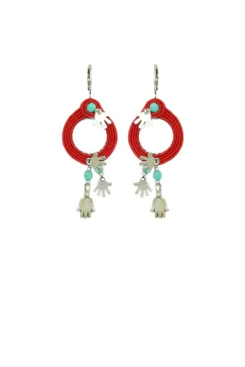 Hamsa Red String Hoop Earrings, Silver Hands