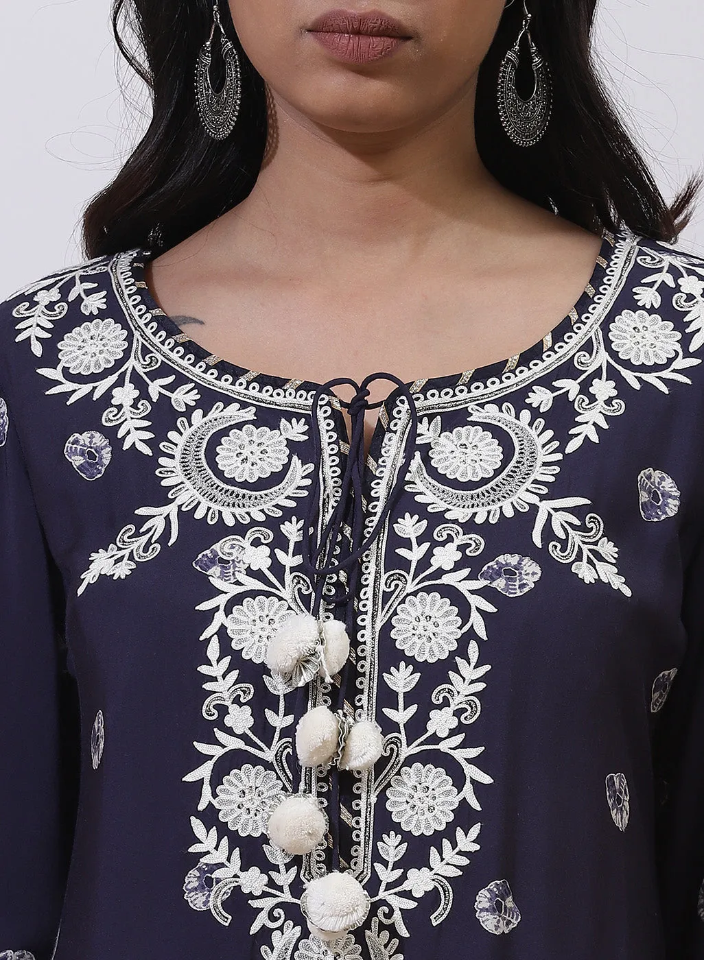 Midnight Blue Floral Embroidered Nargis Kurta