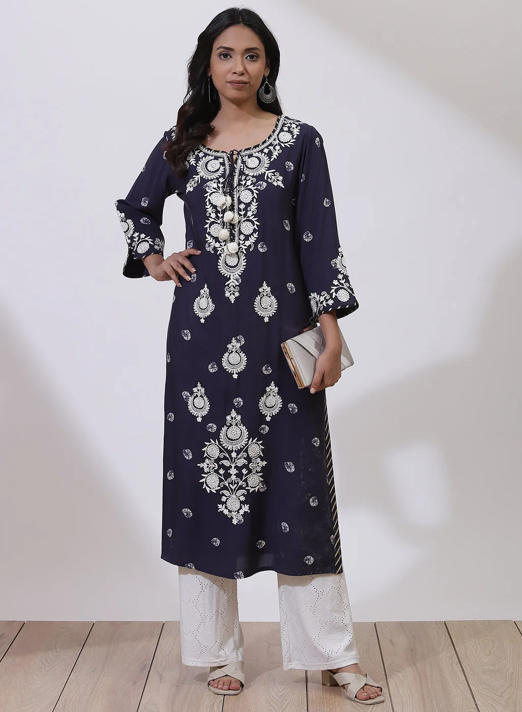 Midnight Blue Floral Embroidered Nargis Kurta