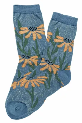 Mustard Flower Glitter Socks Blue