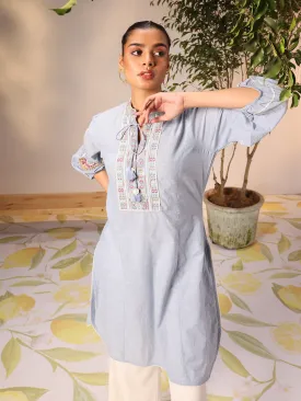 Nighat Blue Chambray Embroidered Kurti for Women