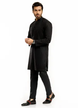 Schiffli Embroidered Black, 100% Cotton Short Kurta