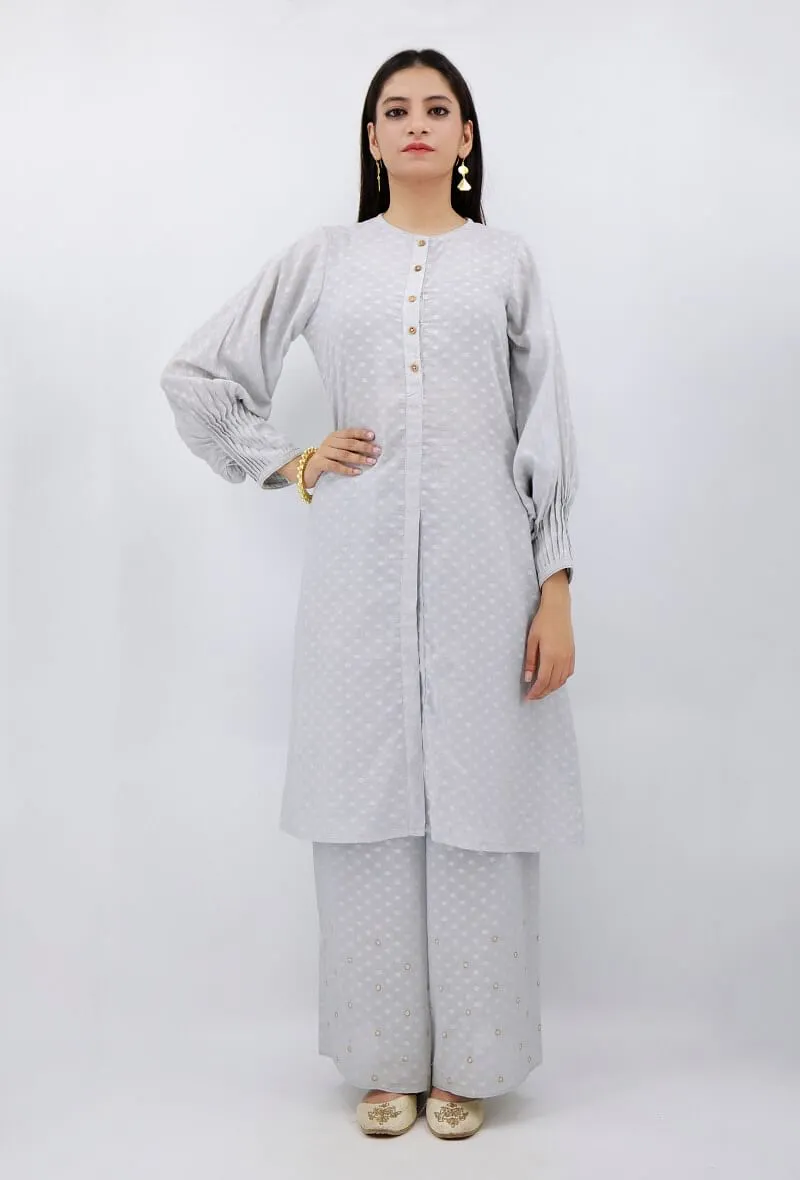 Taraab Slate Grey Cotton Kurta With Pintuck Sleeve Cuffs