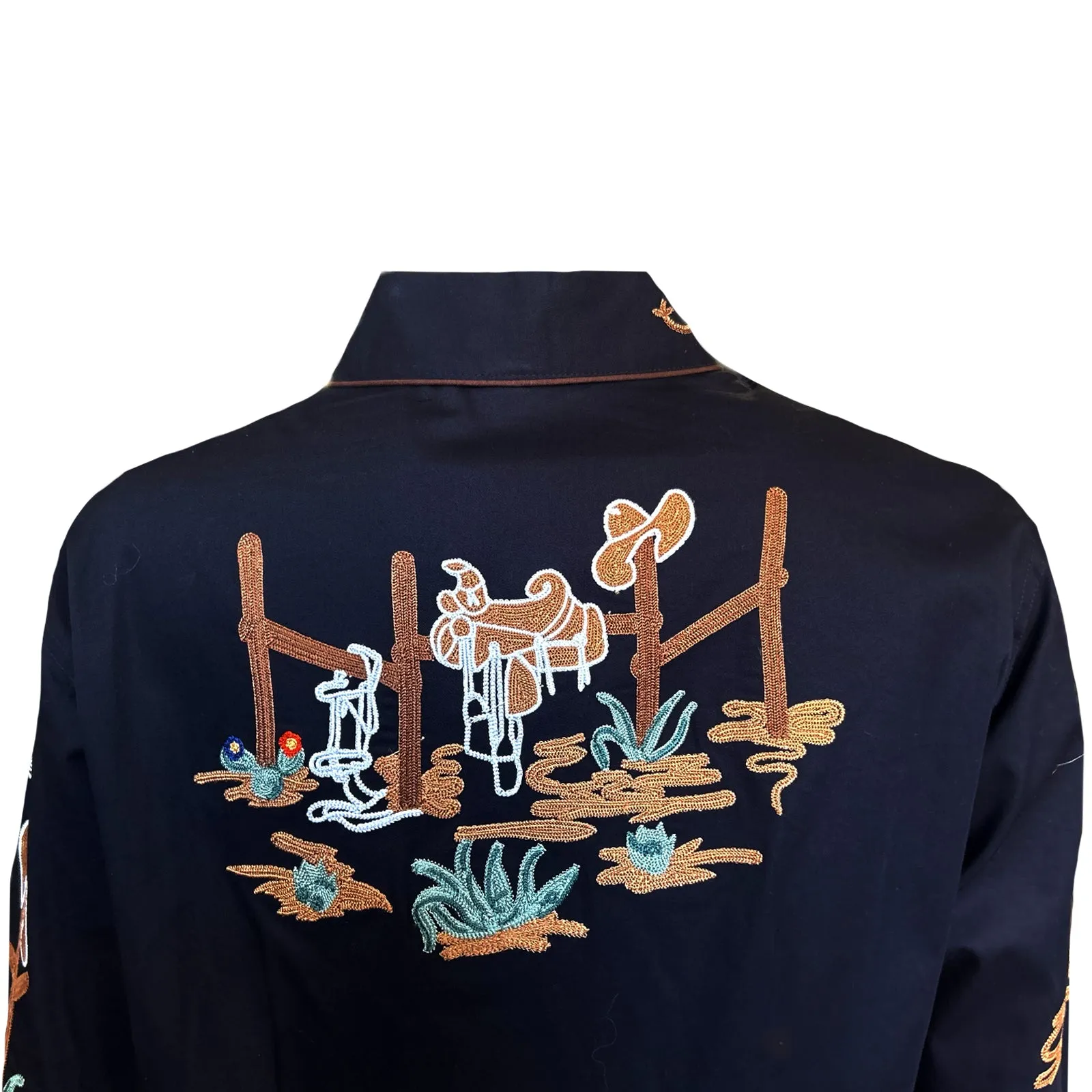 Women's Vintage Cactus & Cowgirl Boots Embroidered Western Shirt in Black