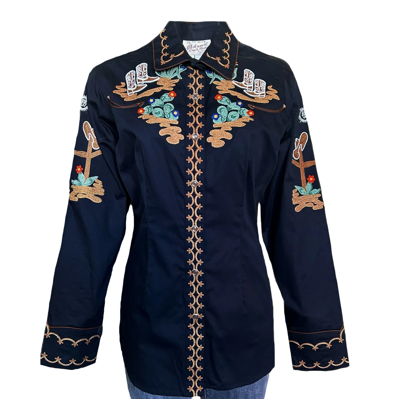 Women's Vintage Cactus & Cowgirl Boots Embroidered Western Shirt in Black